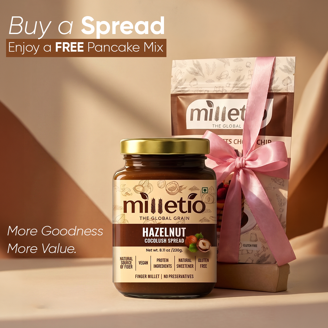 Milletio Hazelnut Coco Lush Spread 230g + FREE Vanilla Choco Chip Millet Pancake Mix | Healthy Breakfast Combo